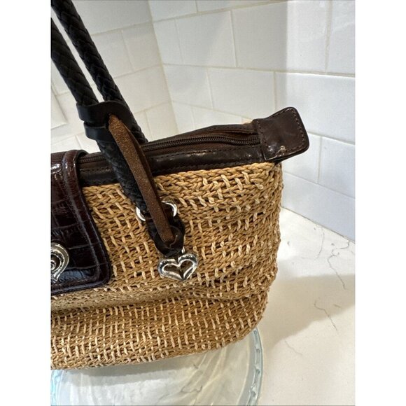 BRIGHTON Handbag Braided Leather Woven Straw Rafia Satchel Purse Heart Y2K - Picture 6 of 16